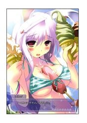 1girls animal_ear between_breasts bikini bracelet breasts bunny_ear cleavage corndog female food food_between_breasts front-tie_top hair_ornament hairclip highres ice_cream ishikiri jewelry long_hair morogami_ryou pink_hair reisen_udongein_inaba sexually_suggestive solo strap_gap striped striped_bikini striped_swimsuit swimsuit touhou