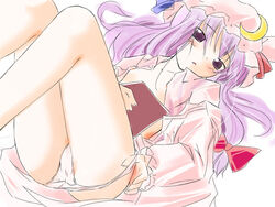 ass blush book breasts dress_shirt female female_only hair_ribbon hat human legs legs_up long_hair lying nipples no_pants on_back open_clothes open_shirt panties panty_pull patchouli_knowledge pink_panties purple_eyes purple_hair ribbon shirt solo touhou underwear