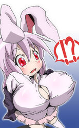 ! ? animal_ear bangs bb blazer blush breasts bunny_ear bursting_breasts cleavage d: dress_shirt female gorohati huge_breasts large_breasts long_hair miniskirt open_mouth pale_skin perspective purple_hair red_eyes reisen_udongein_inaba shirt skirt solo standing straining_buttons taut_shirt thighhighs touhou undressing white_legwear