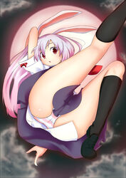 animal_ear bunny_ear footwear kneehighs kneepits long_hair moon panties purple_hair red_eyes red_moon reisen_udongein_inaba socks solo striped striped_panties touhou underwear urotanc