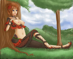 blue_eyes breasts brown_hair choker dancer female final_fantasy final_fantasy_xi hair_flower hair_ornament hume midriff navel nipples outdoors sienna solo tattoo