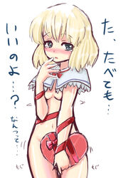 alice_margatroid blonde_hair blue_eyes blush capelet embarrassed gift holding holding_gift homura_subaru naked_ribbon navel nude ribbon ribbons solo touhou translated valentine