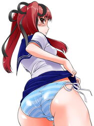 ass back blue_panties blue_striped_panties blush hair_ribbon konoe_sunao long_hair looking_back miniskirt panties pleated_skirt red_eyes red_hair ribbon school_uniform serafuku shinama side-tie_panties skirt skirt_lift solo standing striped striped_panties sunao_konoe tied_hair tsuyokiss twintails underwear