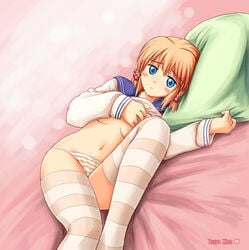 bed blue_eyes blush bottomless bow bow_panties braid brown_hair hair_bobbles hair_ornament kanisawa_kinu lying navel no_pants on_back orange_panties panties ryp school_uniform seifuku serafuku shirt_lift short_hair solo striped striped_legwear striped_panties striped_thighhighs thighhighs tsuyokiss underwear