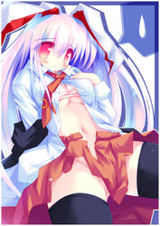 ai_takurou animal_ears blush bunny_ears midriff no_panties open_clothes open_shirt pink_hair reisen_udongein_inaba shirt solo thighhighs touhou white_hair