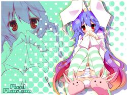 animal_ear blush bunny_ear bunny_tail gradient_hair kamiya_yuu long_hair multicolored_hair panties panty_pull pixel_phantom red_eyes reisen_udongein_inaba sitting slippers solo striped striped_legwear striped_thighhighs tail thighhighs touhou underwear wallpaper white_panties zoom_layer