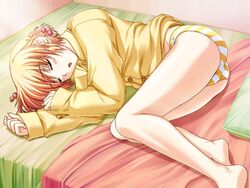 ass bed blouse bottomless fetal_position game_cg kanisawa_kinu kinu_kanisawa lying no_pants on_side pajamas panties solo striped striped_panties tsuyokiss underwear yellow_panties yellow_striped_panties