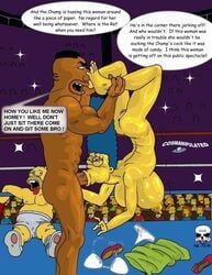 2008 abuse boxing boxing_gloves boxing_ring breasts color cosmic crowd cum defeated drederick_tatum female holding_hair homer_simpson human male marge_simpson muscles nipples nude penis prize public straight tagme text the_fear the_simpsons