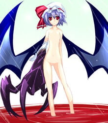 1girls bat_wings blood blue_hair claws female flat_chest hat no_nipples nude red_eyes remilia_scarlet short_hair solo standing touhou wading wings yumesato_makura