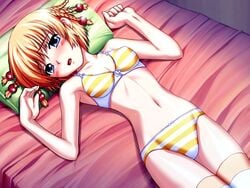 bed beige_skin blonde_hair blue_eyes blush braid breasts clothes female female_only game_cg hair human kanisawa_kinu kinu_kanisawa lingerie lying navel on_back open_mouth panties pillow round_ears short_hair skimpy_clothes small_breasts solo striped striped_bra striped_panties thighhighs tsuyokiss underwear