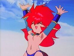 1girls 90s armpits armwear big_breasts blush breasts busty dragon_half female female_only horns long_hair mink_(dragon_half) monster_girl navel nipples nude nudity panties red_hair screencap screenshot solo solo_female tail topless