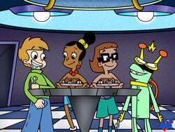 1boy 2girls areolae black_eyes black_hair brown_hair bulge clothed cream cream_on_breasts cyberchase dark-skinned_female dark_skin delete_(cyberchase) female food glasses human inez_(cyberchase) jackie_(cyberchase) male matt_(cyberchase) nipples shorts skirt smile standing topless wdj