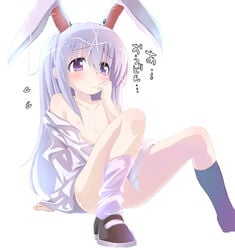 1girls animal_ear blush bottomless bunny_ear buriki dress_shirt female flat_chest food long_hair nipples noodles open_clothes open_shirt reisen_udongein_inaba shirt solo touhou