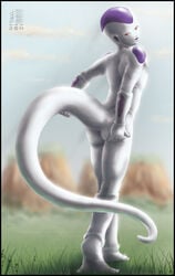 1boy 2007 alien ass back dragon_ball dragon_ball_z freeza frieza from_behind grass highres looking_at_viewer looking_back male male_only nude red_eyes shadow smooth_skin solo standing tail white_skin zen