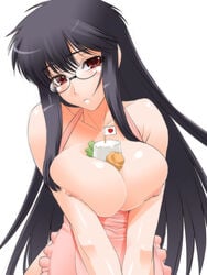 areolae between_breasts black_hair breast_squeeze breasts flag food_between_breasts glasses large_breasts long_hair naked_apron nisshouki red_eyes shinama tsuyokiss yashi_nagomi