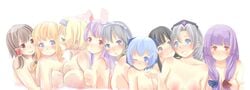 animal_ear black_hair blonde_hair blue_eyes blue_hair blush breast_press breasts brown_eyes bunny_ear cirno eirin_yagokoro female highres human kaguya_houraisan long_hair long_image marisa_kirisame nanako_(artist) nude patchouli_knowledge purple_hair red_eyes reimu_hakurei reisen_udongein_inaba sakuya_izayoi short_hair symmetrical_docking tongue touhou