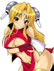 1girls artist_request ass blonde_hair blush breast_hold breasts bridal_gauntlets broccoli china_dress chinese_clothes cleavage_cutout facial_mark female forehead_mark galaxy_angel large_breasts looking_at_viewer midriff nipple_slip nipples ranpha_franboise simple_background sleeveless solo yellow_eyes