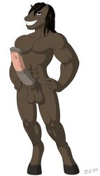 abs anthro aza blue_eyes brown_hair brown_skin dangling_testicles equine furry furry_only grin hair hands_on_hips hooves horse horsecock male_only muscular penis posing standing testicles veiny veiny_penis zenu