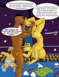 2008 abuse boxing boxing_gloves boxing_ring breasts color cosmic crowd cum defeated drederick_tatum female holding_hair homer_simpson human male marge_simpson muscles nipples nude penis prize public straight tagme text the_fear the_simpsons