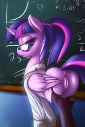 2015 alicorn anus ass back_view chalkboard clothing cutie_mark equine eyewear female feral friendship_is_magic fshydale fur glasses hair half-closed_eyes horn inside legwear looking_at_viewer mammal my_little_pony purple_eyes purple_fur pussy solo stockings teeth twilight_sparkle_(mlp) wings