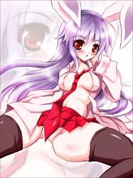 animal_ear bunny_ear footwear long_hair no_panties nude purple_hair reisen_udongein_inaba satou_kuroon skirt socks solo thighhighs touhou