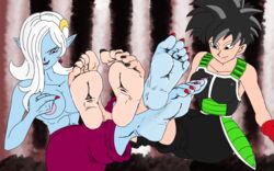 2girls bardock_(cosplay) barefoot black_hair black_nail_polish black_nails blue_skin dragon_ball dragon_ball_xenoverse feet foot_focus imasourlemon multiple_girls nipples oc pointing pointy_ears red_nail_polish red_nails saiyan saiyan_armor straight_hair topless towa white_hair