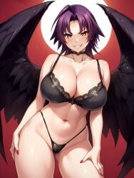 ai_generated angel_wings azuma_marina big_breasts black_bra black_panties black_thong black_underwear black_wings evil_grin grin huge_breasts isogil kashidashi_tsuma_marina_no_"netorase"_houkoku_binkan_tsuma_to_zetsurin_daigakusei purple_hair seductive seductive_look short_hair wings yellow_eyes