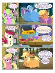 apple_basket applejack_(mlp) badge belly belly_bed belly_on_floor big_belly bowtie comic daisy_(mlp) earth_pony english_text facehoof female flashequestria flower_trio flower_wishes_(mlp) hairclip huge_belly hyper hyper_belly hyper_pregnancy impossibly_large_belly kicking lily_valley_(mlp) mare ms._harshwhinny_(mlp) my_little_pony pony pregnant roseluck_(mlp) sheepish_grin starlight_glimmer sweat sweatdrops text trixie_(mlp) unicorn wagon yeaa_(comic)