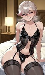 1boy 1femboy ai_generated bed bedroom black_lingerie blush bulge door femboy garter_straps genshin_impact indoors lace-trimmed_lingerie lace-trimmed_panties lamp light-skinned_male lingerie lyney_(genshin_impact) male male_only nightstand pillow pixai short_hair sitting sitting_on_bed smirk smirking_at_viewer solo solo_femboy superdomfuta sweat sweating thick_ass thick_thighs thighhighs two-tone_hair uncensored wide_hips