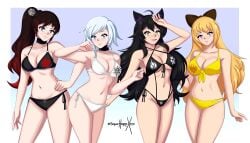 4girls alternate bikini bikini_bottom bikini_top black_hair black_hair_female blake_belladonna blonde_female blonde_hair blue_eyes cat_ears cleavage different_outfits half-dressed half_naked half_naked_female long_hair long_hair_female purple_eyes ruby_rose rwby scar_across_eye silver_eyes sonicheroxd team_rwby weiss_schnee yang_xiao_long yellow_eyes