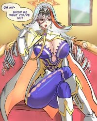 alboeire baldr_(fire_emblem_heroes) crossed_legs drill_hair earrings fire_emblem fire_emblem_heroes fully_clothed heterochromia inviting inviting_to_sex large_breasts lipstick looking_at_viewer orange_eyes orange_hair sitting smile smiling_at_viewer text text_bubble white_hair yellow_eyes