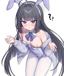 1girl ? ?? absurdres ahoge animal_ears areola_slip bandaid bandaids_on_nipples bare_shoulders black_hair blush bow bowtie breasts character_request copyright_request detached_collar fake_animal_ears grey_jacket hairband highres jacket leaning_forward leotard long_hair looking_at_viewer metaljelly pantyhose pasties playboy_bunny purple_eyes rabbit_ears simple_background small_breasts solo very_long_hair virtual_youtuber white_background white_pantyhose