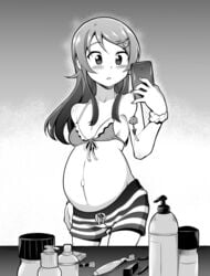 bikini_top blush breasts cleavage clothing female ghettoyouth greyscale high_resolution kirino_kosaka kousaka_kirino monochrome navel ore_no_imouto_ga_konna_ni_kawaii_wake_ga_nai phone pregnant self_shot short_shorts shorts sideboob small_breasts solo third-party_edit