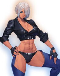 angel_(kof) blue_eyes chaps cleavage female gloves hair_over_one_eye king_of_fighters leather_jacket ogami solo standing white_hair