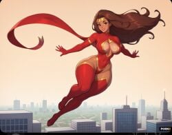 ai_generated city city_background floating floating_hair flying n_1611 skimpy_costume skimpy_outfit superhero superhero_costume superheroine