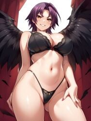 ai_generated angel_wings azuma_marina big_breasts black_bra black_panties black_thong black_underwear black_wings evil_grin grin huge_breasts isogil kashidashi_tsuma_marina_no_"netorase"_houkoku_binkan_tsuma_to_zetsurin_daigakusei purple_hair seductive seductive_look short_hair wings yellow_eyes