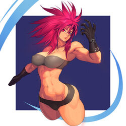 abs abstract_background armpits cleavage female gloves king_of_fighters leona_heidern medium_breasts muscular_female ogami pose red_hair solo