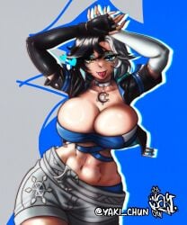 1girls 2d abs arms_up big_breasts cleavage female female_only fully_clothed light-skinned_female luna_snow luna_snow_(marvel_rivals) marvel marvel_rivals tongue yaki_chun