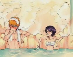 1boy1girl black_hair bleach firii hot_spring ichigo_kurosaki kuchiki_rukia orange_hair