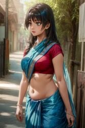 1girls ai_generated belly_button black_hair exposed_torso large_breasts light-skinned_female light_skin long_hair mature_female metal264 midriff navel red6161 saree sari