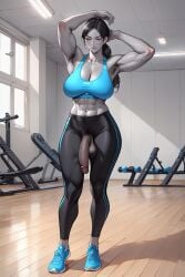 abs ai_generated armpit_hair biceps black_hair closed_eyes flaccid futanari grey_skin hairy hairy_armpits hairy_balls happy_trail nintendo plumpthlump ponytail toned toned_futa veiny_penis wii_fit wii_fit_trainer yoga_pants