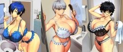 ... 3girls ? ai_generated akira_kurusu bathroom big_breasts black_eyes black_hair blue_eyes blue_hair breasts brushing_hair brushing_teeth casual collarbone curvy expressionless eyelashes female female_only frilled_bra frilled_panties frills genderswap_(mtf) glasses hairbrush hand_on_hair huge_breasts joker_(persona) large_breasts leaning_forward lingerie looking_at_viewer makoto_yuki mature mature_female messy_hair milf minato_arisato narukami_yu navel one-eye_closed persona persona_3 persona_4 persona_5 ren_amamiya rule_63 serious short_hair silver_eyes silver_hair sink smiling thick_thighs thighs toothbrush towel trio wet wide_hips wink