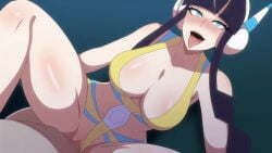 1boy 1girls animated big_breasts black_hair blue_eyes blunt_bangs blush cleavage cowgirl_position elesa_(pokemon) elesa_(pokemon_bw2) female_focus headphones ludinsketches nintendo no_sound nude_male_clothed_female penetration penis penis_in_pussy pokemon pokemon_bw2 pussy sex short_hair_with_long_locks spread_legs streaked_hair tagme tongue tongue_out video