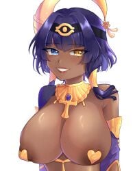 1girls blue_hair candace_(genshin_impact) dark-skinned_female dark_skin female female_only genshin_impact heart-shaped_pasties heterochromia huge_breasts pasties short_hair silverginko smile solo