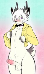 anthro antlers balls bottomless cervid clothed clothing collar erection girly hi_res horn humanoid_penis looking_at_viewer male mammal munks_(artist) open_jacket penis solo standing uncut