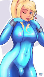 1futa balls_in_bodysuit blonde_hair breasts bulge erect_nipples flaccid futa_only futanari intersex large_breasts looking_at_viewer metroid nintendo nipple_bulge parkdale penis penis_bulge penis_in_bodysuit penis_in_clothes penis_under_clothes pyrocynical samus_aran solo solo_futa wide_hips zero_suit zero_suit_samus