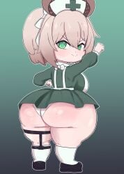 arm_up ass big_ass breasts dress green_eyes looking_at_viewer looking_back nimi_nightmare nurse nurse_cap nurse_uniform panties shoes short_hair short_skirt shortstack smile smiling smiling_at_viewer socks socks_and_shoes tenshio thick thick_ass thick_thighs virtual_youtuber white_panties