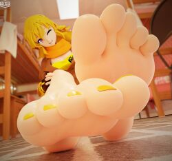 1girls 3d 3d_(artwork) barefoot blonde_hair clothed clothing feet female female_focus female_only foot_fetish giantess highres light-skinned_female light_skin looking_at_viewer painted_nails pov purple_eyes ralzelk rwby size_difference toes yang_xiao_long yellow_nails