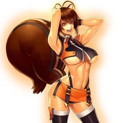 armpits arms_behind_head blazblue brown_hair female makoto_nanaya midriff ogami open_mouth short_hair smile solo standing tail underboob