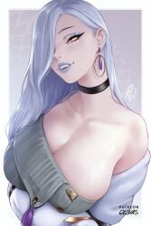 1girls 2d_(artwork) bare_shoulders blue_hair blue_lips breasts earrings fate/grand_order fate_(series) female huge_breasts jewelry long_hair mature_female mature_woman olchas omi-san_(fate) pale-skinned_female snake snake_girl solo yellow_eyes